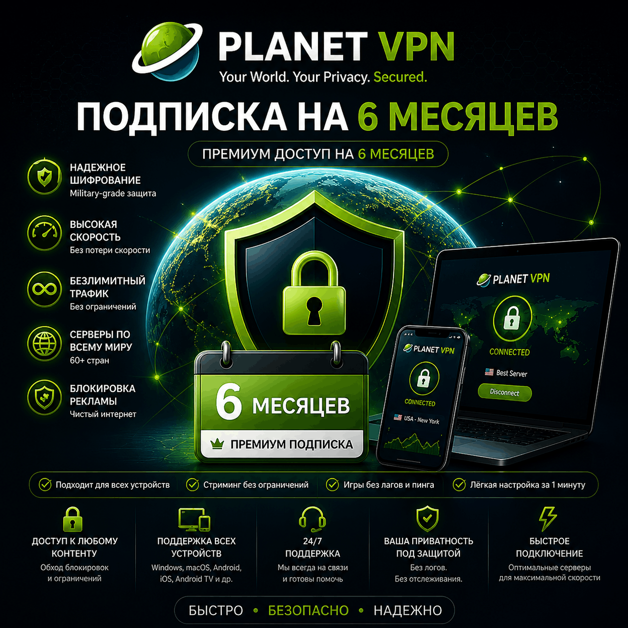 Planet VPN Premium Подписка на 6 месяц